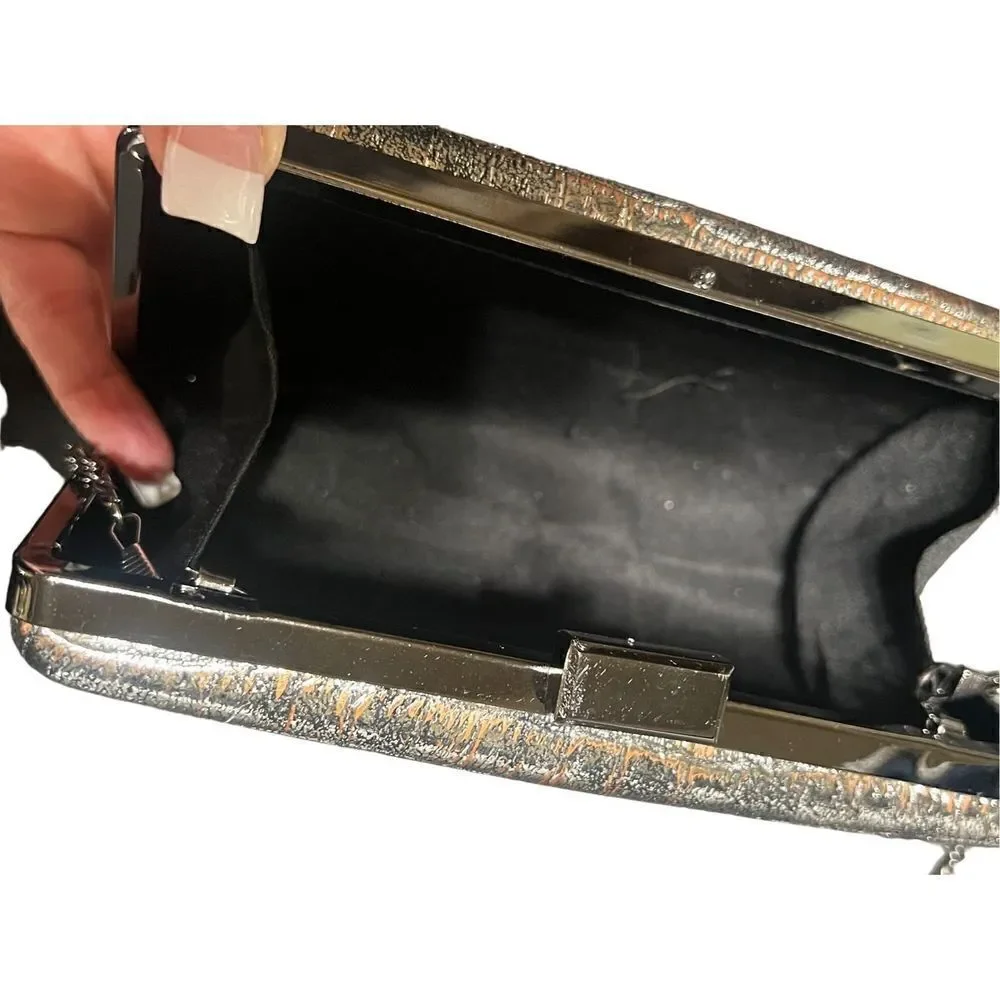 Kate Landry Silver Metallic Hard Clamshell Evening Bag, Crossbody Bag